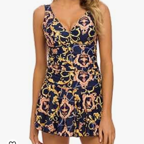 COSKAKA One Piece Ruched Retro Swimming Dress in Blue Flower 4 Size XS - Picture 4 of 13